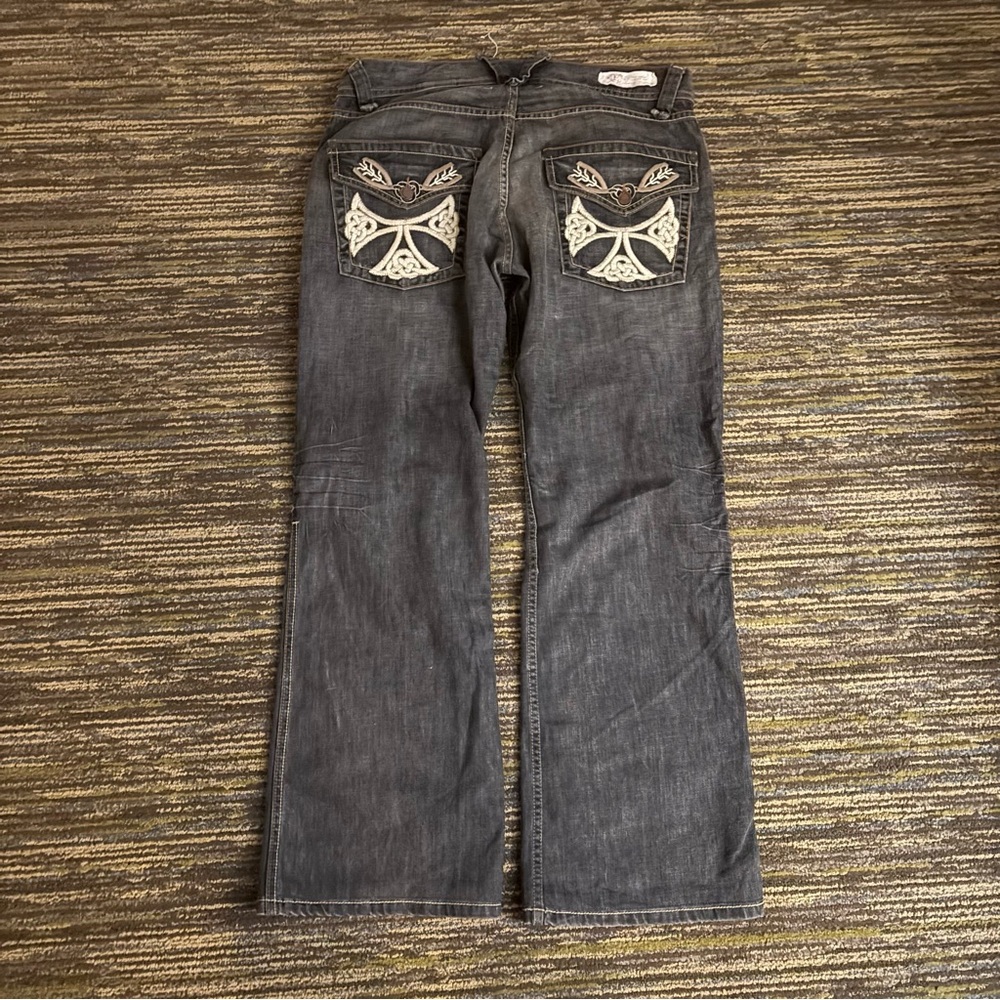 Embroidered y2k Gray Jeans with Unique Pocket Design
